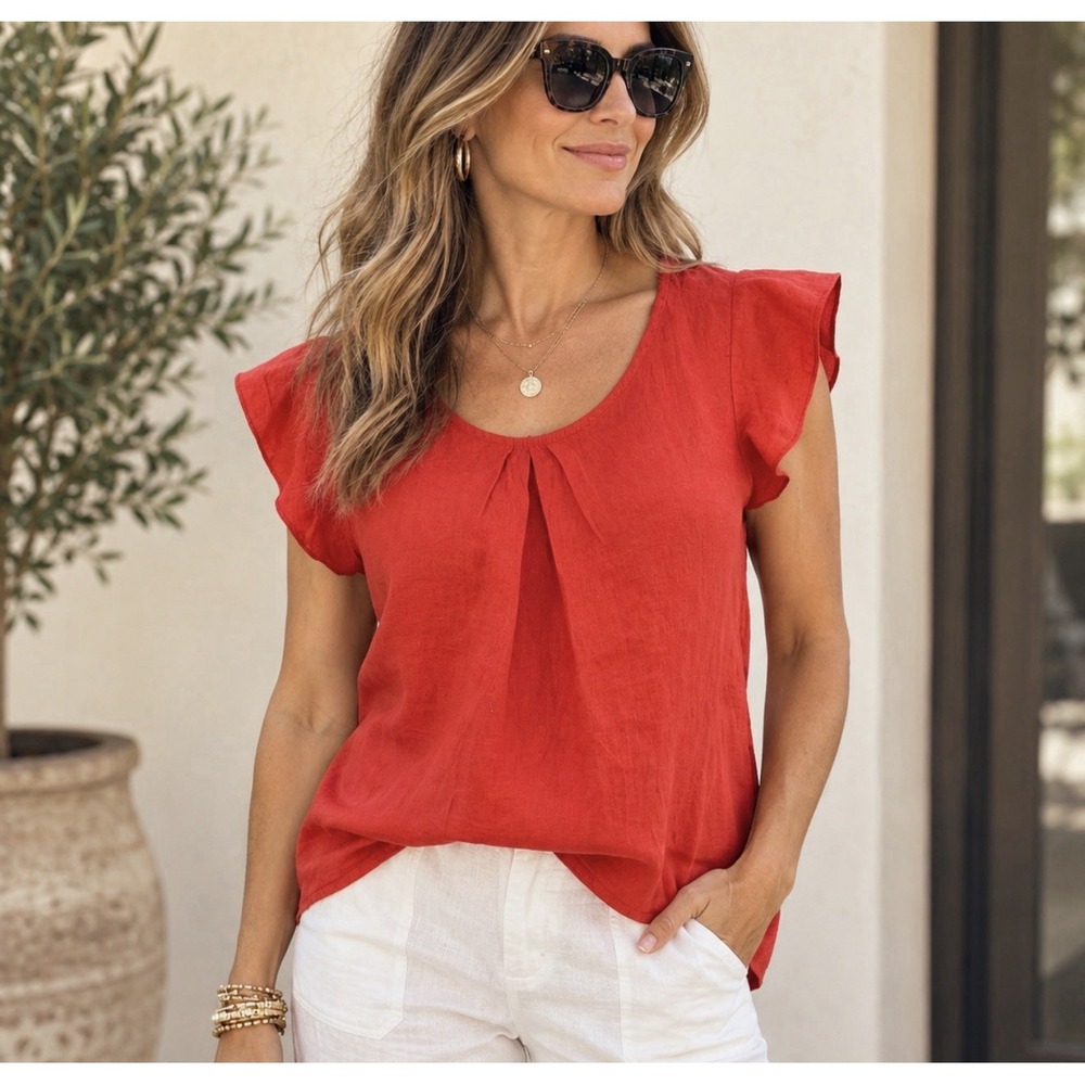 Terzo Millennio 100% Linen Blouse Top Sz M/L Red Pleated V-Neck Cap Sleeve Women